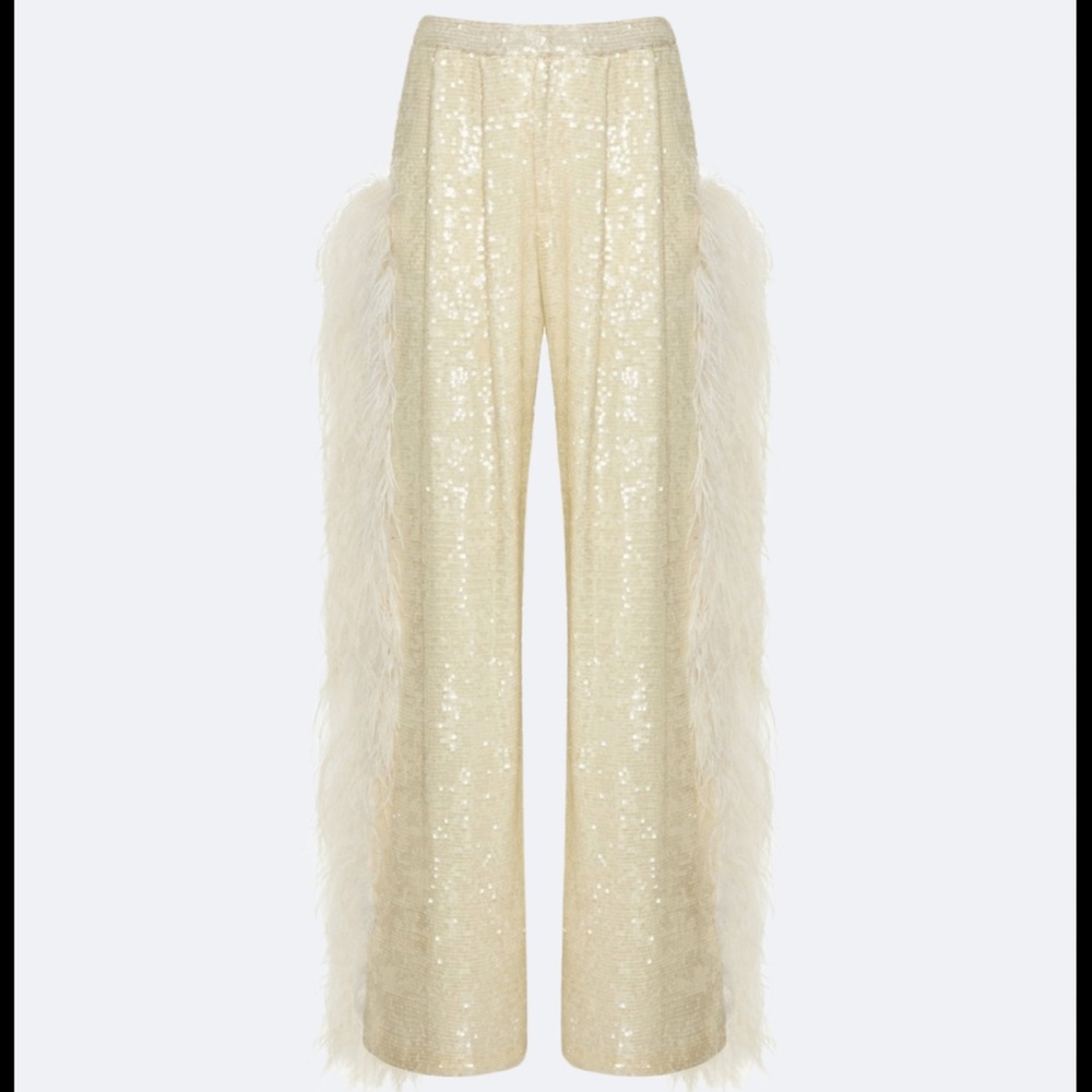 White Feather Sequin Trousers